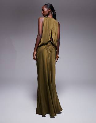 Asos Design Satin Blouson Bodice Maxi Dress With Lace Applique In Green