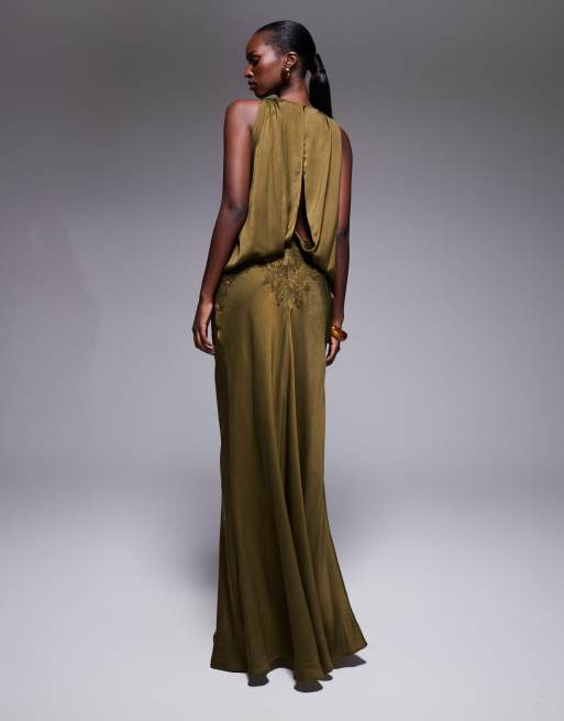 ASOS DESIGN satin blouson bodice maxi dress with lace applique in khaki, 2 of 4