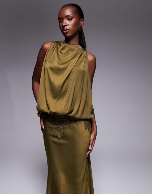 ASOS DESIGN satin blouson bodice maxi dress with lace applique in khaki, 3 of 4