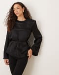 [ASOS DESIGN] ASOS DESIGN satin blouson tie waist top with shoulder pads in black 10 Black