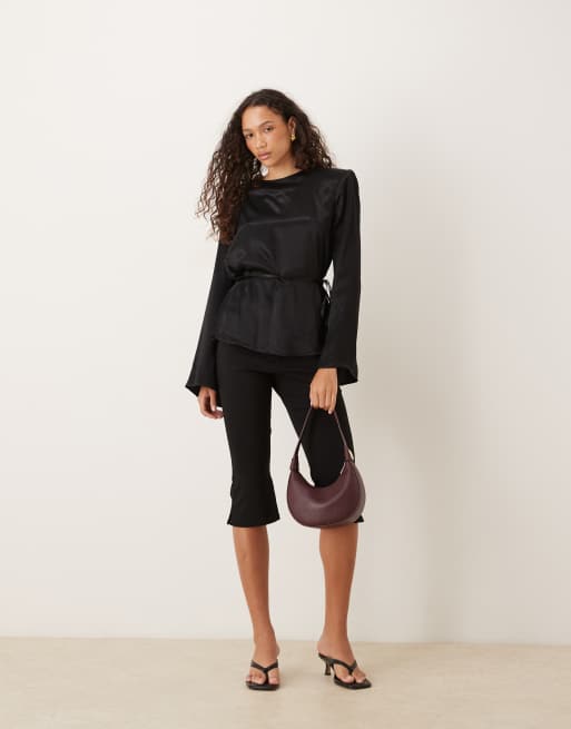 ASOS DESIGN satin blouson tie waist top with shoulder pads in black, 2 of 4