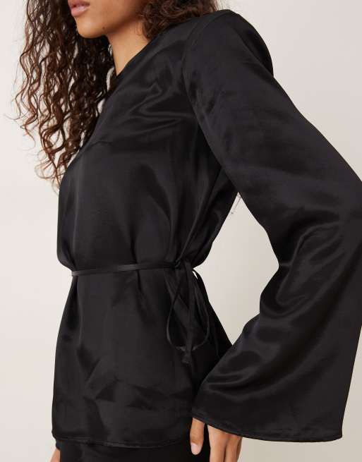 ASOS DESIGN satin blouson tie waist top with shoulder pads in black, 3 of 4