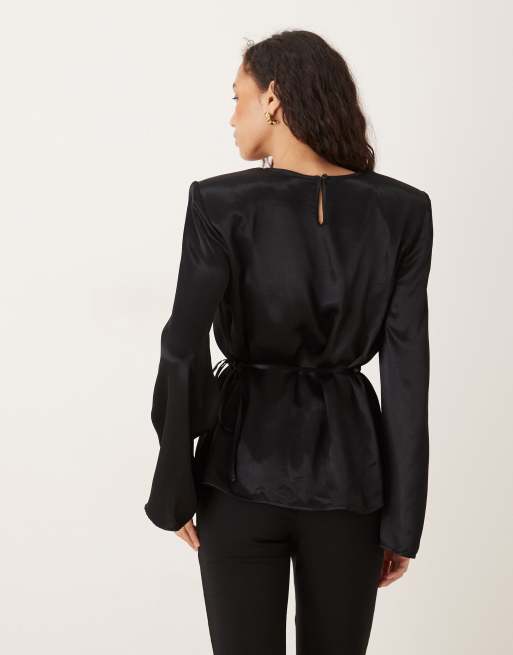 ASOS DESIGN satin blouson tie waist top with shoulder pads in black, 4 of 4