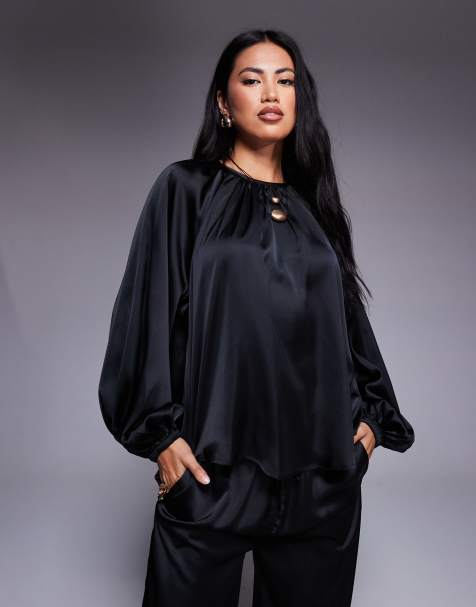 ASOS DESIGN – Satin-Bluse in Schwarz mit voluminösen Ärmeln - view 1