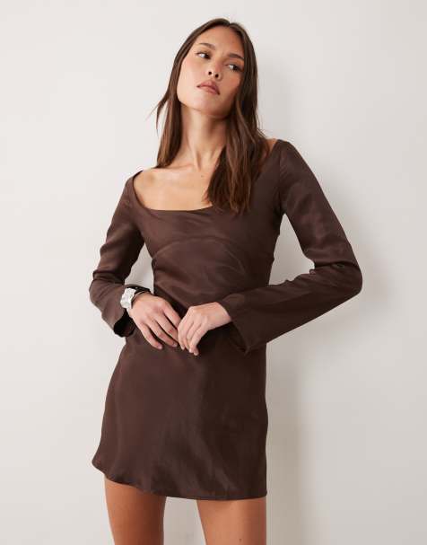 ASOS DESIGN satin bodice mini dress with flared sleeves in chocolate brown