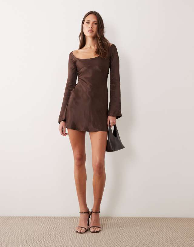 brown satin mini dress ASOS DESIGN bodice with flared sleeves in chocolate Match Sage Wedding Ties satin maxi Size:UK size 12 relaxed skirt Length