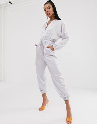 ASOS DESIGN satin boiler jumpsuit with hood-Silver