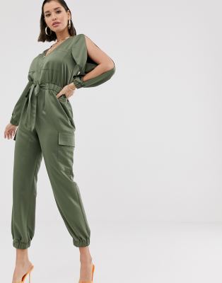 khaki satin jumpsuit