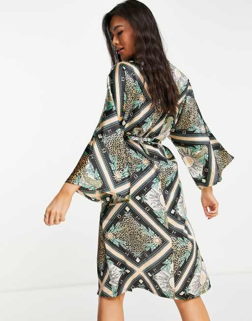 ASOS DESIGN satin botanical tiger midi robe in black