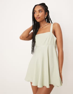 Asos Design Satin Bow Back A Line Mini Dress In Green