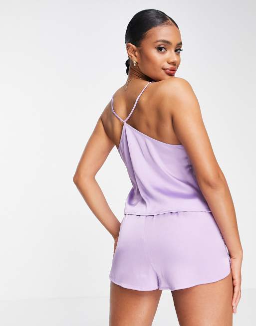 Bridesmaid Embroidered Purple Silk Shorts With Camisole Set