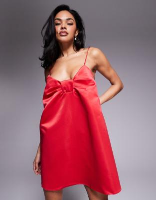 Asos Design Satin Bow Detail Structured Mini Dress In Red