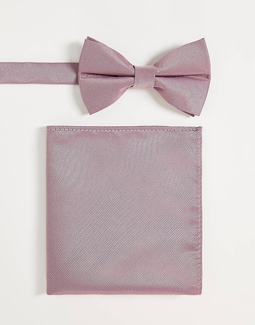 ASOS DESIGN satin bow tie & pocket square pack in dusty rose pink