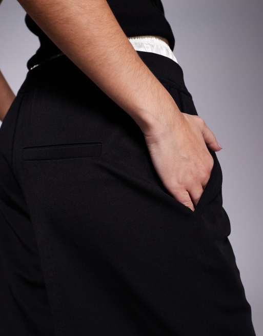 ASOS DESIGN satin boxer detail wide leg trousers in black, 2 of 5