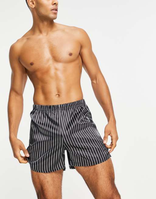 ASOS DESIGN satin boxers in black with pin stripe