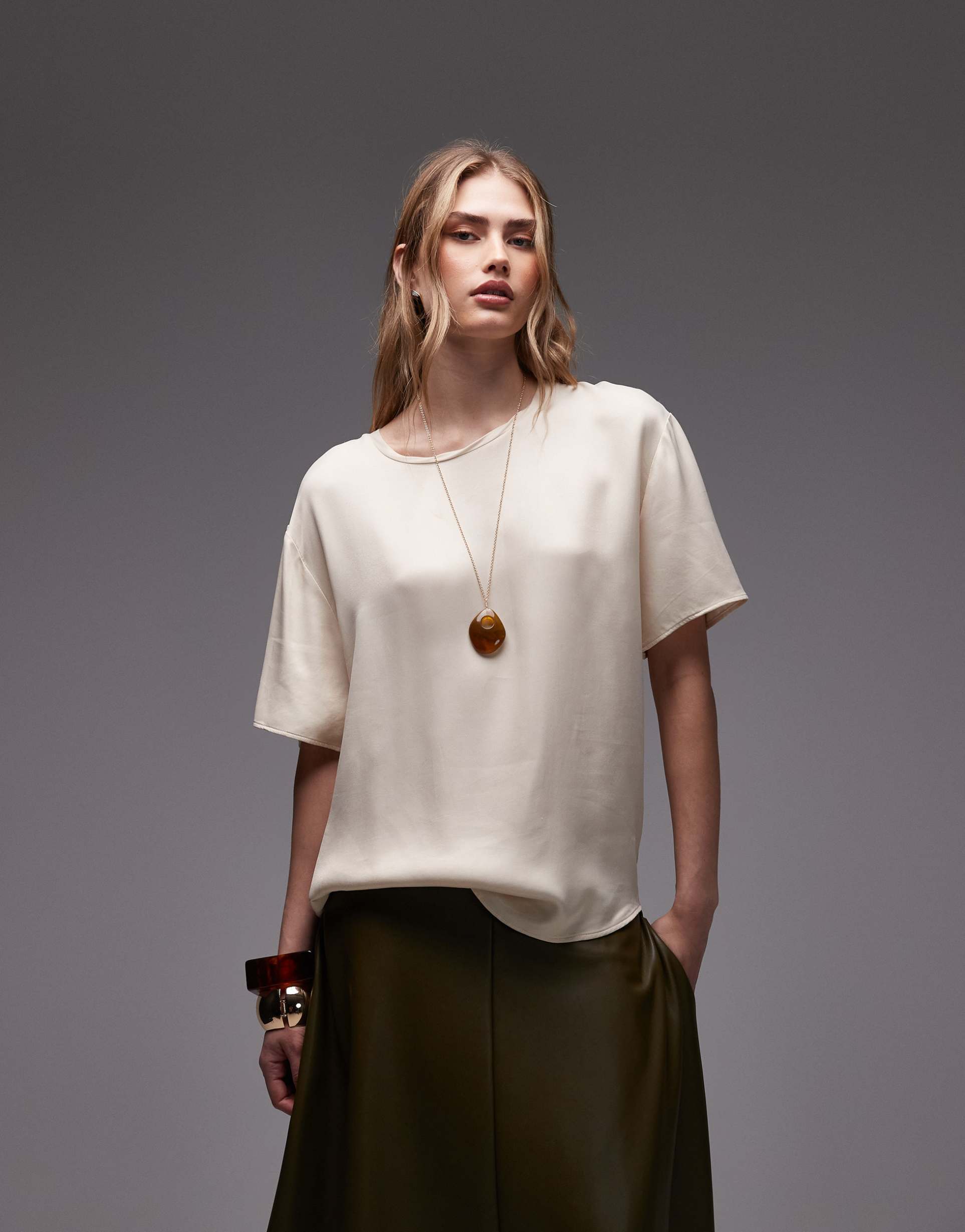 asos design satin boxy tee with jersey t-shirt trim in ivory