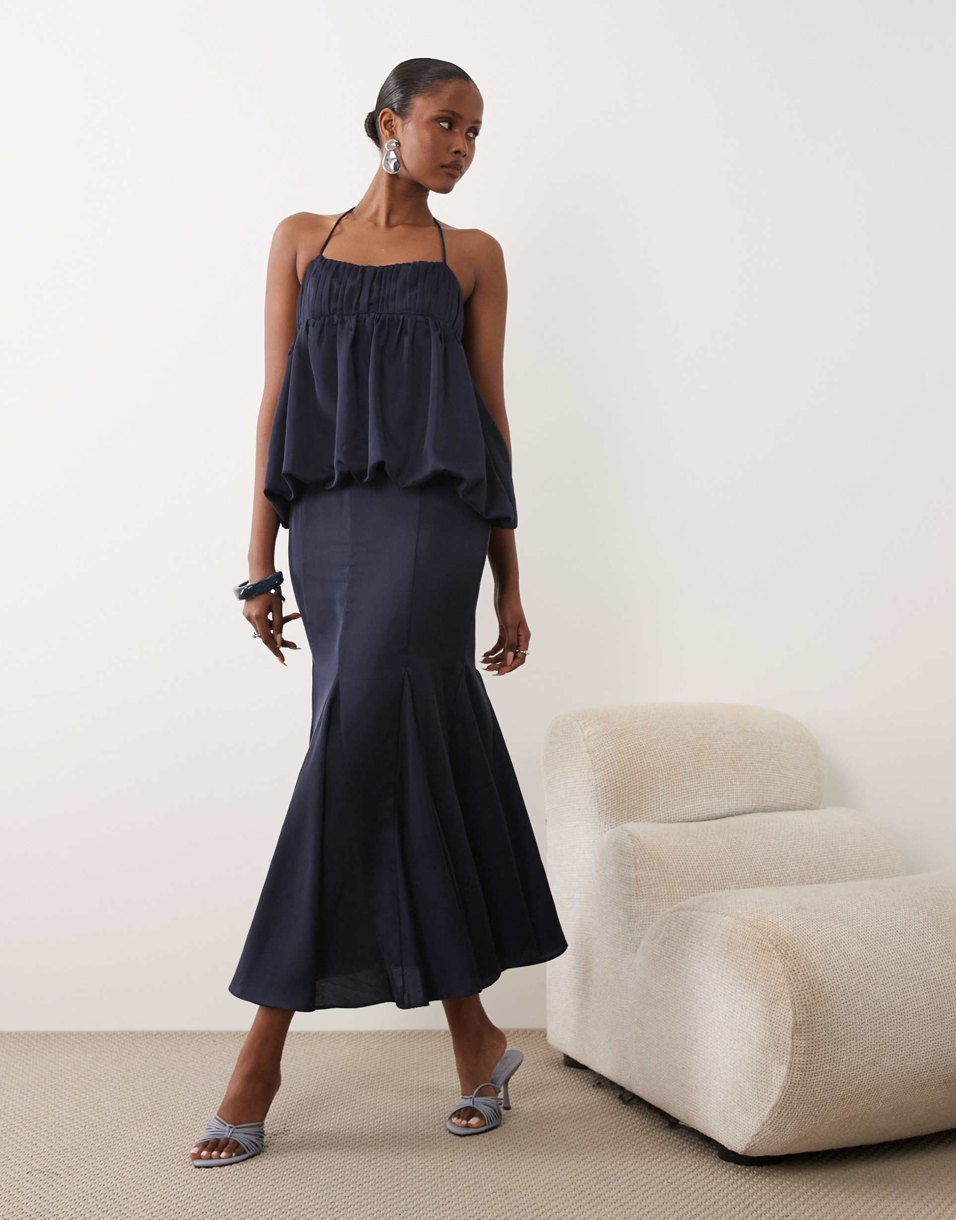 asos design satin bubble godet maxi dress with tassel tie in navy