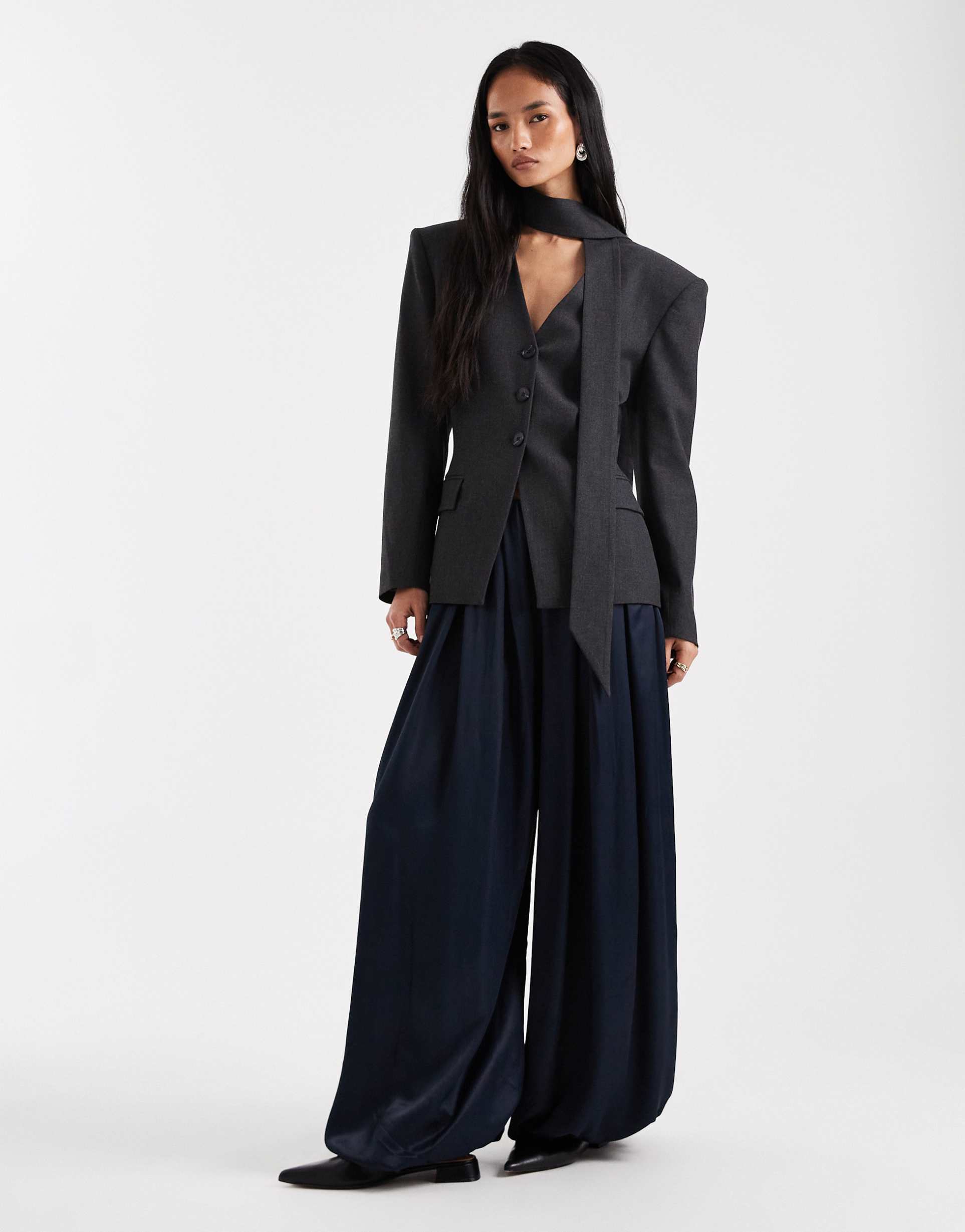 asos design satin bubble hem pants in navy