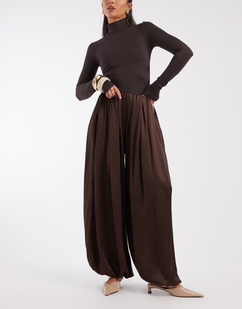 ASOS DESIGN satin bubble hem trouser in chocolate