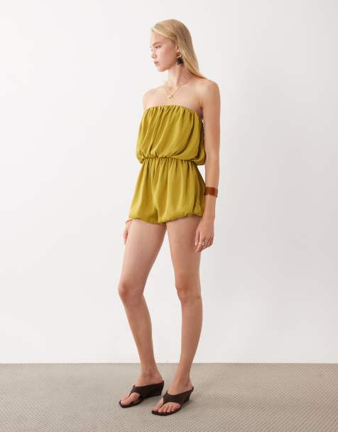 ASOS DESIGN satin bubble playsuit in olive green - view 1