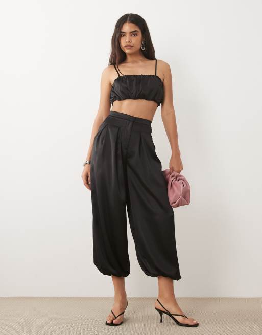 ASOS DESIGN satin bubble bralette co ord in black - BLACK, 3 of 3