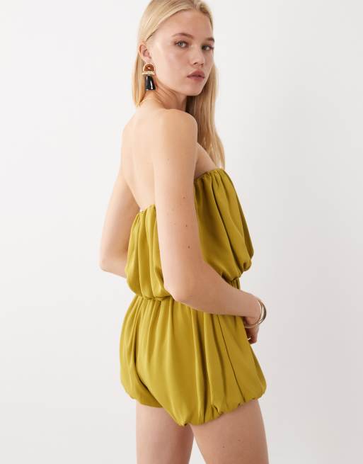 ASOS DESIGN satin bubble romper in olive green, 3 of 4
