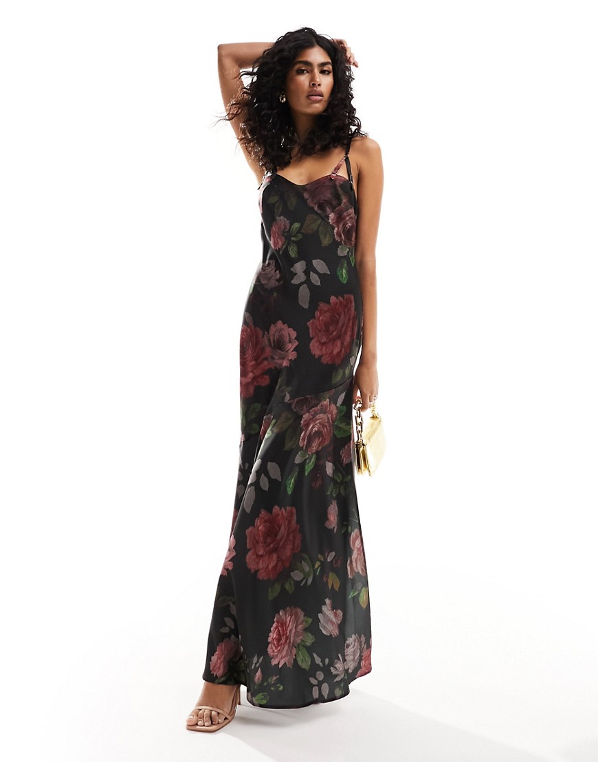 ASOS DESIGN satin buckle strap maxi dress with fuller skirt in black rose print-Multi