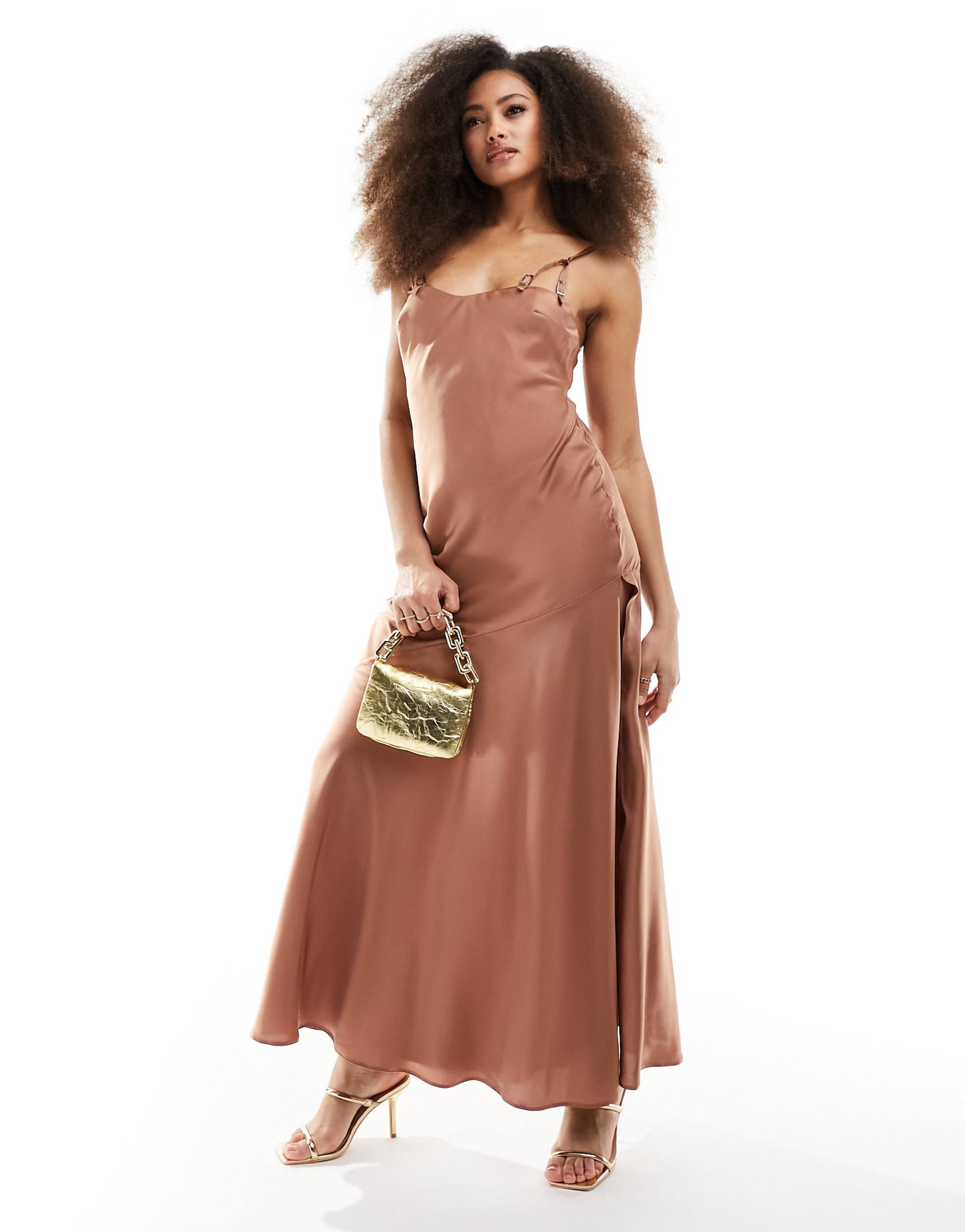 asos design satin buckle strap maxi dress with fuller skirt in mocha