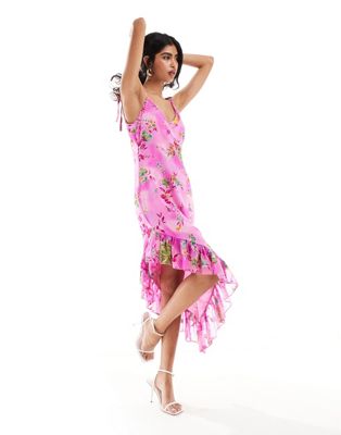 ASOS DESIGN satin burnout cami dress with asymmetric frill hem in bright pink floral