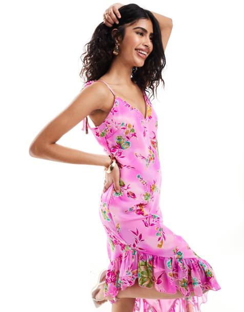 ASOS DESIGN satin burnout cami dress with asymmetric frill hem in bright pink floral - view 1
