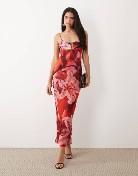 ASOS DESIGN satin bust bias cut maxi dress in red floral print - view 1