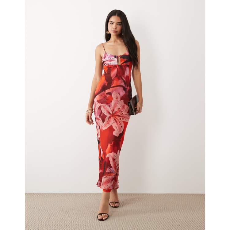 red floral cut out dress Cutout Frilly Maxi Dress