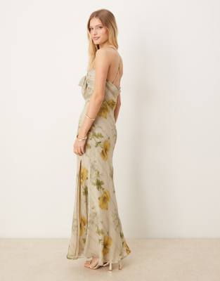 ASOS DESIGN satin bust bow front chiffon maxi dress in yellow floral print
