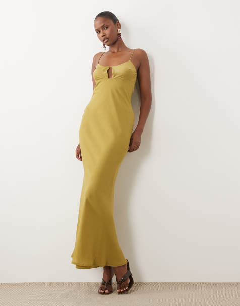 ASOS DESIGN satin bustier-maxikjole med skråskåret snit i gylden - view 1