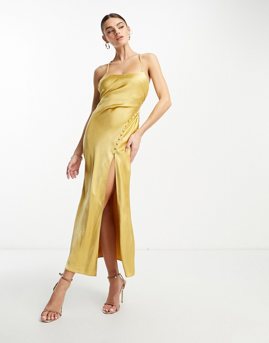 Asos Design Satin Button Front Maxi Dress With Lace Up Back Detail In Gold