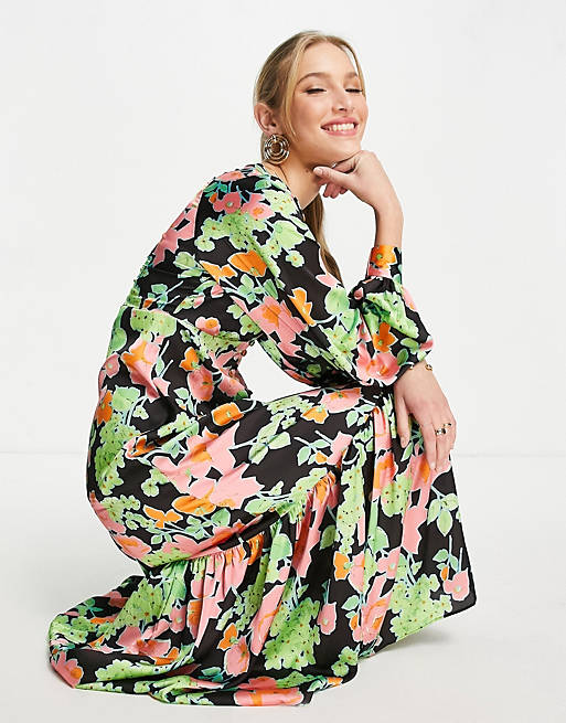 Women satin button front maxi tea dress in abstract floral print 