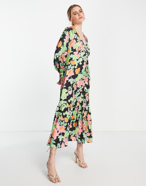 ASOS DESIGN satin button front maxi tea dress in abstract floral print ...