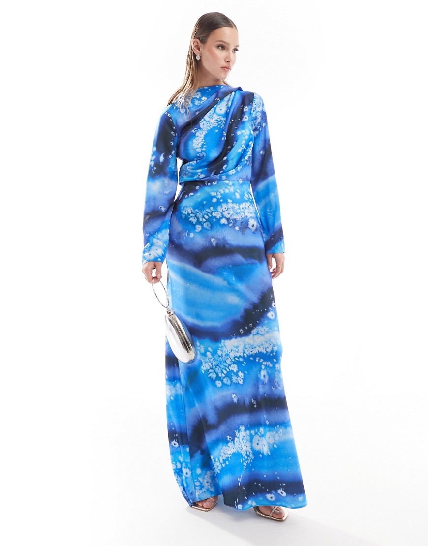 ASOS DESIGN satin button shoulder maxi dress with drape bodice detail in blue abstract print