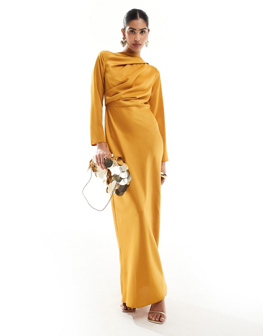 Asos Design Satin Button Shoulder Maxi Dress With Drape Bodice Detail In Mustard-yellow