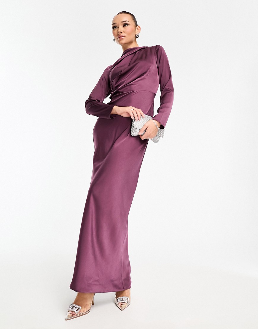 Asos Design Satin Button Shoulder Maxi Dress With Drape Bodice Detail In Purple