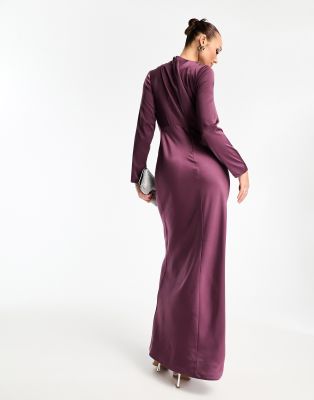 ASOS DESIGN satin button shoulder maxi dress with drape bodice detail in  purple