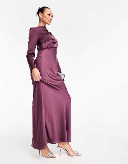 ASOS DESIGN satin long sleeve maxi dress with lace applique detail