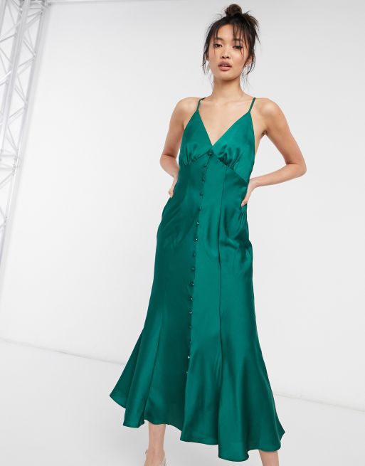 ASOS DESIGN satin button through cami midi slip dress in Teal