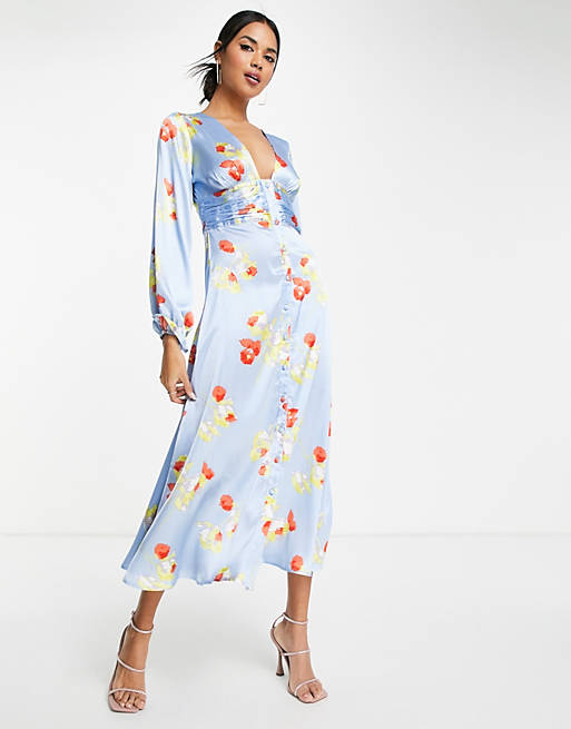 ASOS DESIGN satin button through midi tea dress with fluted sleeves in floral print