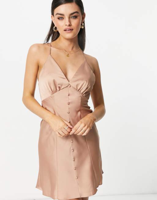 ASOS DESIGN satin button through mini cami slip dress in bronze