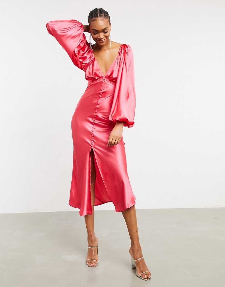 Asos Design Satin Button Through Tie Back Midi Tea Dress With Shirring Detail In Hot Pink