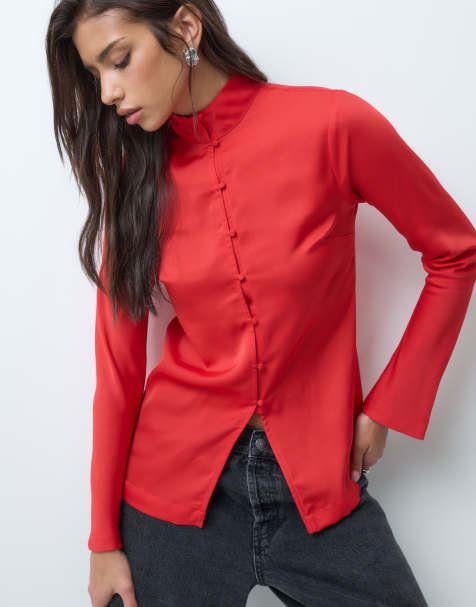 ASOS DESIGN satin button up blouse in red