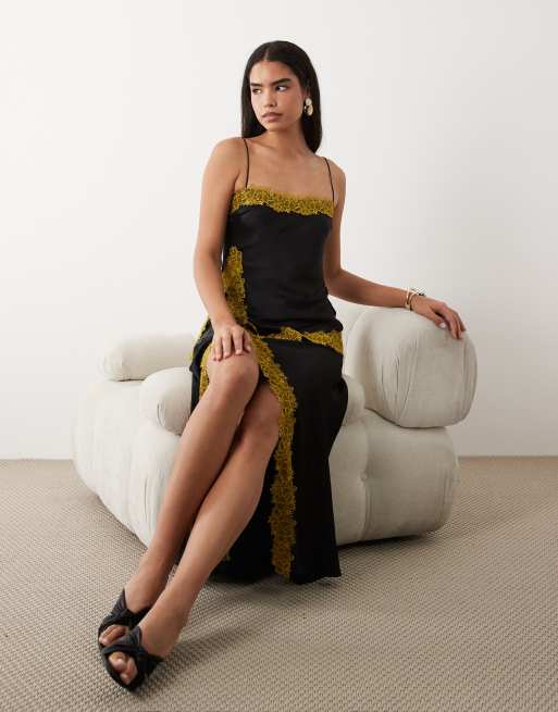 ASOS DESIGN satin cami bias double layer lace applique maxi dress in black, 2 of 4