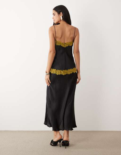 ASOS DESIGN satin cami bias double layer lace applique maxi dress in black, 4 of 4