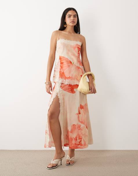 ASOS DESIGN satin cami bias double layer lace applique maxi dress in orange oversized floral print - view 1